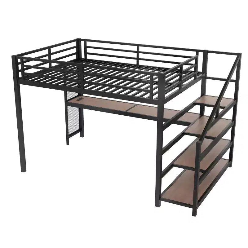 Cama Queen Loft con Escritorio y Escalera de Almacenamiento, Camas Loft Metálicas con Luces LED, Puertos USB, Redes de Hierro Multifuncionales, Sin Somier, Negro