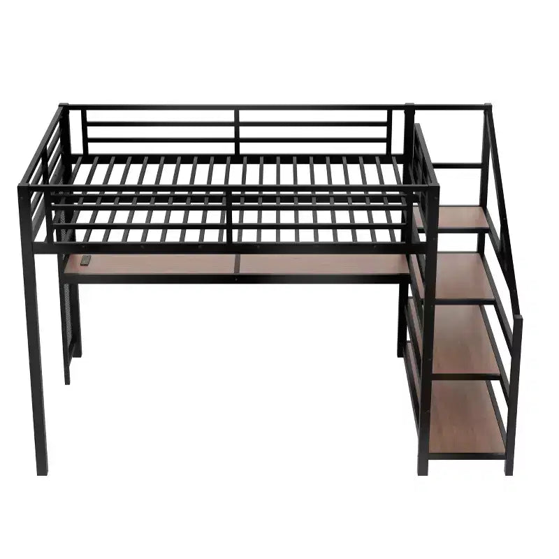 Cama Queen Loft con Escritorio y Escalera de Almacenamiento, Camas Loft Metálicas con Luces LED, Puertos USB, Redes de Hierro Multifuncionales, Sin Somier, Negro