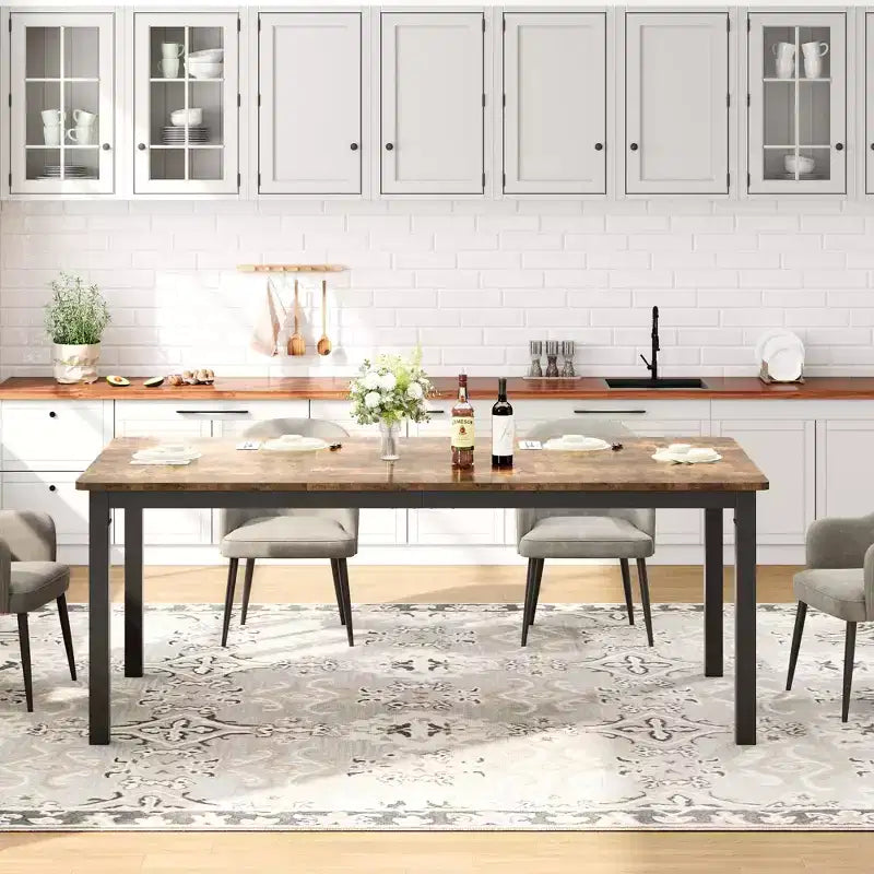 Mesa de comedor industrial de 71 pulgadas, mesa de cocina rectangular grande con patas de metal, esquinas redondeadas, mesas de conferencias de madera, escritorio para sala de estar