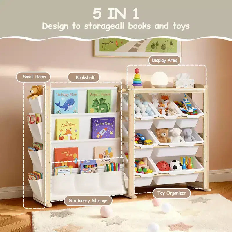 Organizador de juguetes y estantería de madera maciza 2 en 1, estante de almacenamiento infantil de pino natural con 7 cubos, bolsillos laterales y estantería de 4 niveles para sala de juegos o guardería