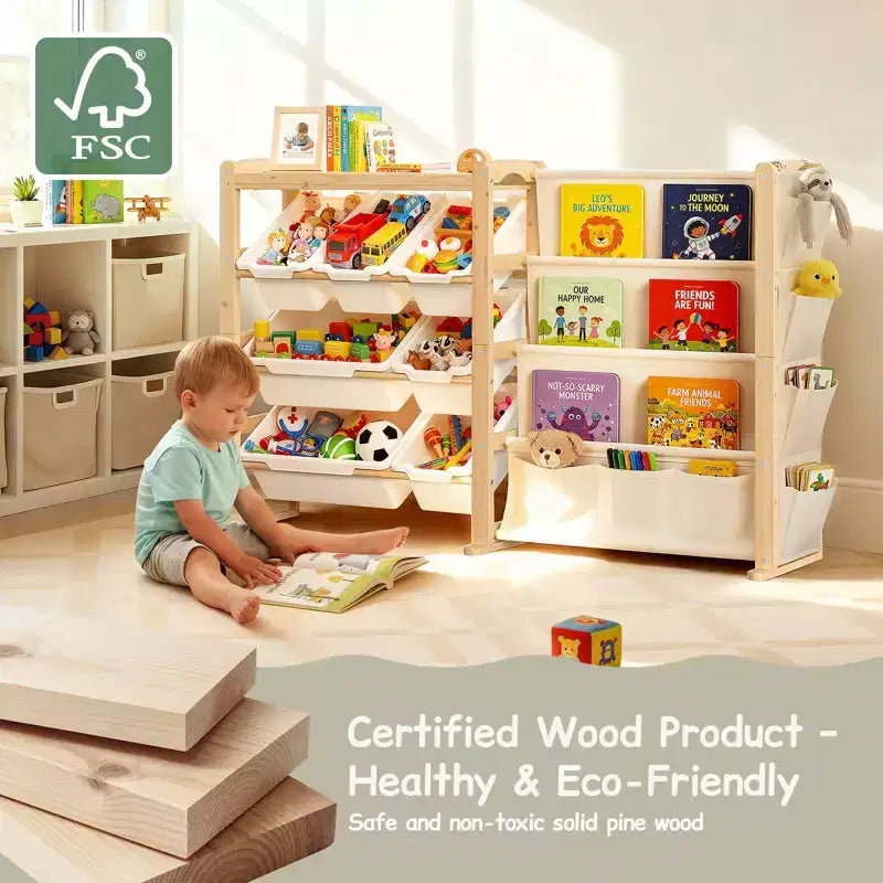 Organizador de juguetes y estantería de madera maciza 2 en 1, estante de almacenamiento infantil de pino natural con 7 cubos, bolsillos laterales y estantería de 4 niveles para sala de juegos o guardería