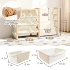 Organizador de juguetes y estantería de madera maciza 2 en 1, estante de almacenamiento infantil de pino natural con 7 cubos, bolsillos laterales y estantería de 4 niveles para sala de juegos o guardería