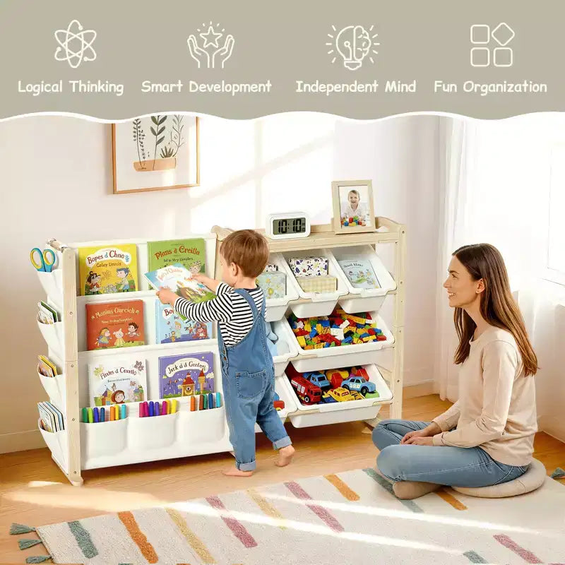 Organizador de juguetes y estantería de madera maciza 2 en 1, estante de almacenamiento infantil de pino natural con 7 cubos, bolsillos laterales y estantería de 4 niveles para sala de juegos o guardería