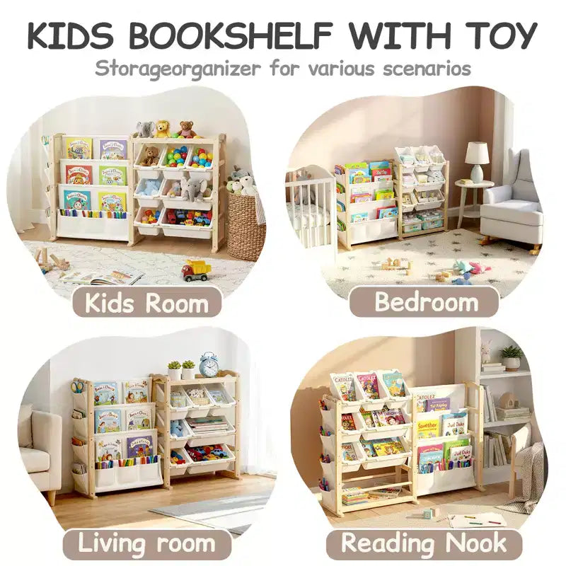 Organizador de juguetes y estantería de madera maciza 2 en 1, estante de almacenamiento infantil de pino natural con 7 cubos, bolsillos laterales y estantería de 4 niveles para sala de juegos o guardería