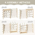 Organizador de juguetes y estantería de madera maciza 2 en 1, estante de almacenamiento infantil de pino natural con 7 cubos, bolsillos laterales y estantería de 4 niveles para sala de juegos o guardería