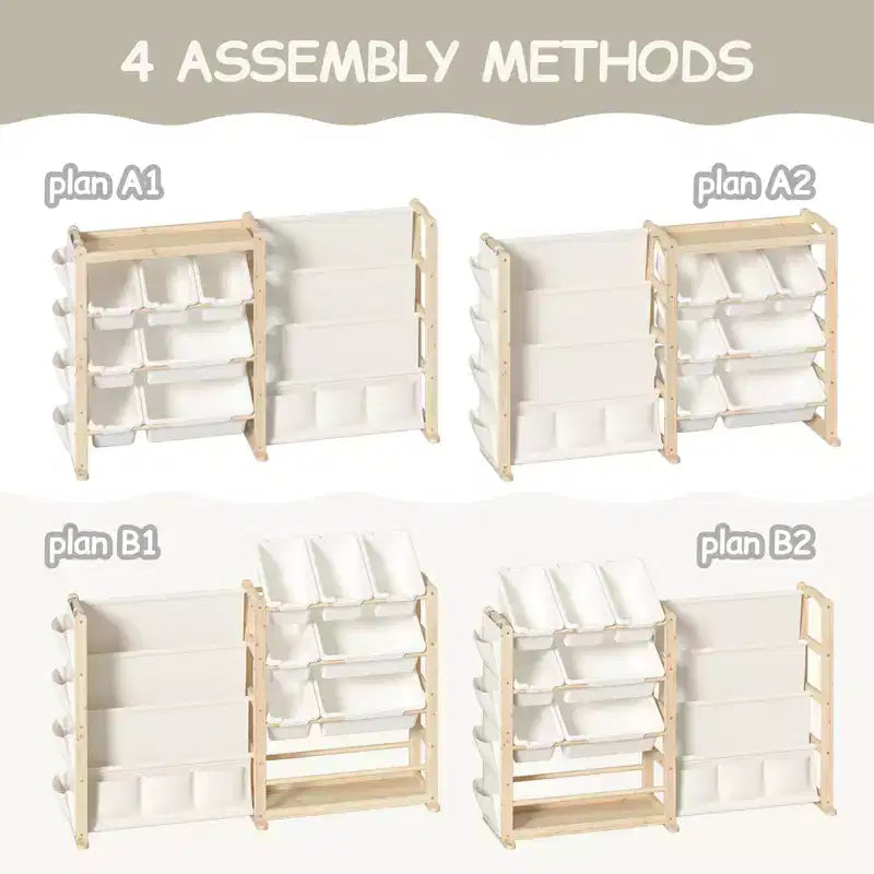 Organizador de juguetes y estantería de madera maciza 2 en 1, estante de almacenamiento infantil de pino natural con 7 cubos, bolsillos laterales y estantería de 4 niveles para sala de juegos o guardería
