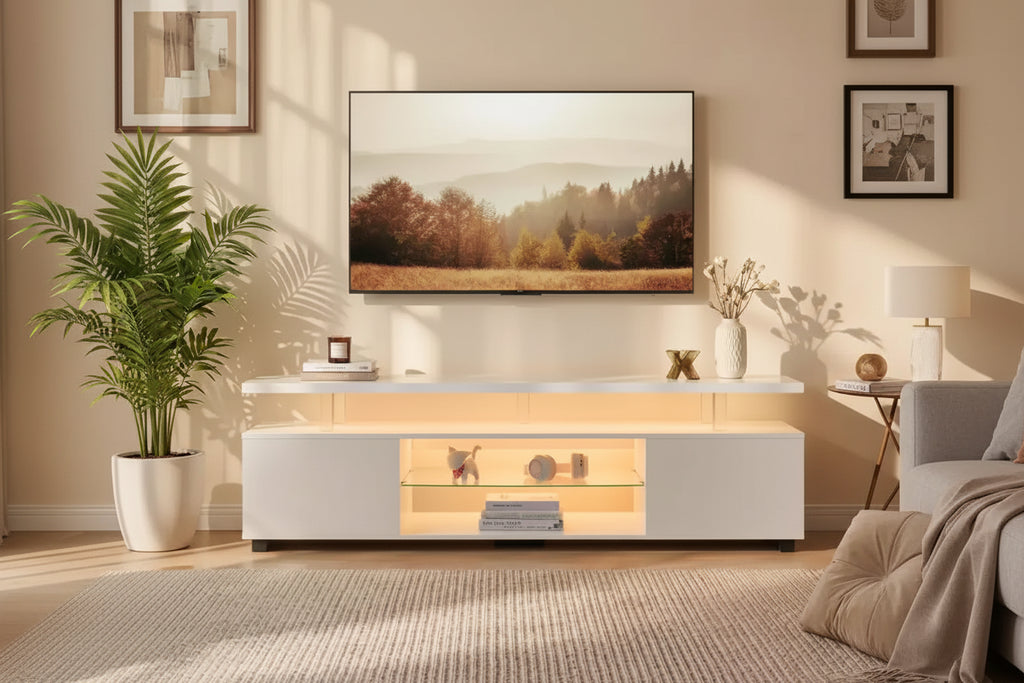 JVNOXK TV Stand for 70 Inch TV LED Gaming Entertainment Center Media Storage Console Table with Large Side Cabinet for Living Room White