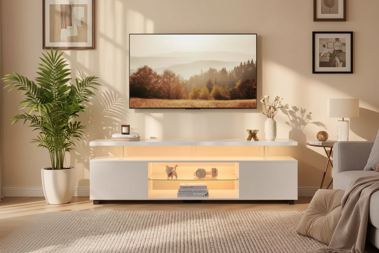 JVNOXK TV Stand for 70 Inch TV LED Gaming Entertainment Center Media Storage Console Table with Large Side Cabinet for Living Room White