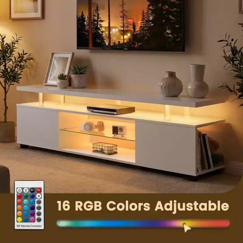 Mueble de TV para TV de 70 pulgadas, centro de entretenimiento LED para juegos, consola de almacenamiento multimedia con gabinete lateral grande para sala de estar, blanco