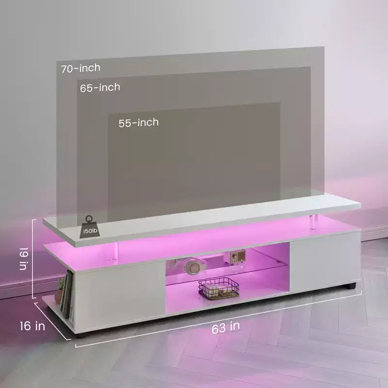 Mueble de TV para TV de 70 pulgadas, centro de entretenimiento LED para juegos, consola de almacenamiento multimedia con gabinete lateral grande para sala de estar, blanco