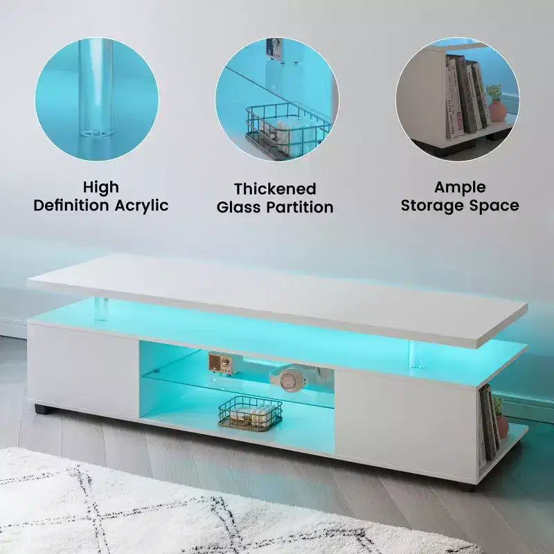 Mueble de TV para TV de 70 pulgadas, centro de entretenimiento LED para juegos, consola de almacenamiento multimedia con gabinete lateral grande para sala de estar, blanco