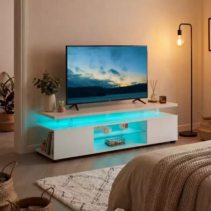 Mueble de TV para TV de 70 pulgadas, centro de entretenimiento LED para juegos, consola de almacenamiento multimedia con gabinete lateral grande para sala de estar, blanco