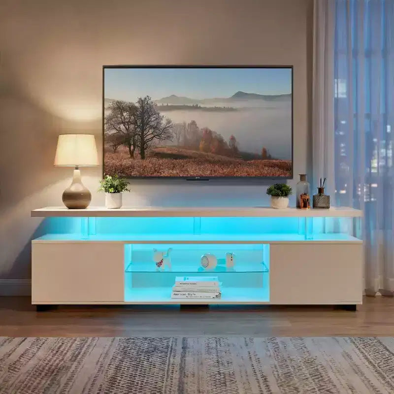 Mueble de TV para TV de 70 pulgadas, centro de entretenimiento LED para juegos, consola de almacenamiento multimedia con gabinete lateral grande para sala de estar, blanco