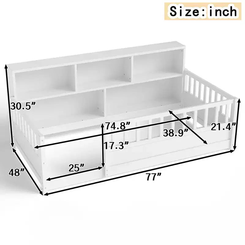 Cama de suelo Montessori de madera con barandillas estilo valla de 21.4'' y 5 estantes de almacenamiento, estructura de cama para niños para dormitorio