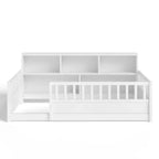 Cama de suelo Montessori de madera con barandillas estilo valla de 21.4'' y 5 estantes de almacenamiento, estructura de cama para niños para dormitorio