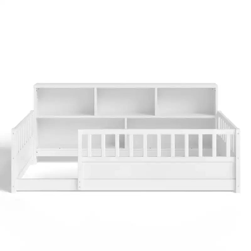 Cama de suelo Montessori de madera con barandillas estilo valla de 21.4'' y 5 estantes de almacenamiento, estructura de cama para niños para dormitorio