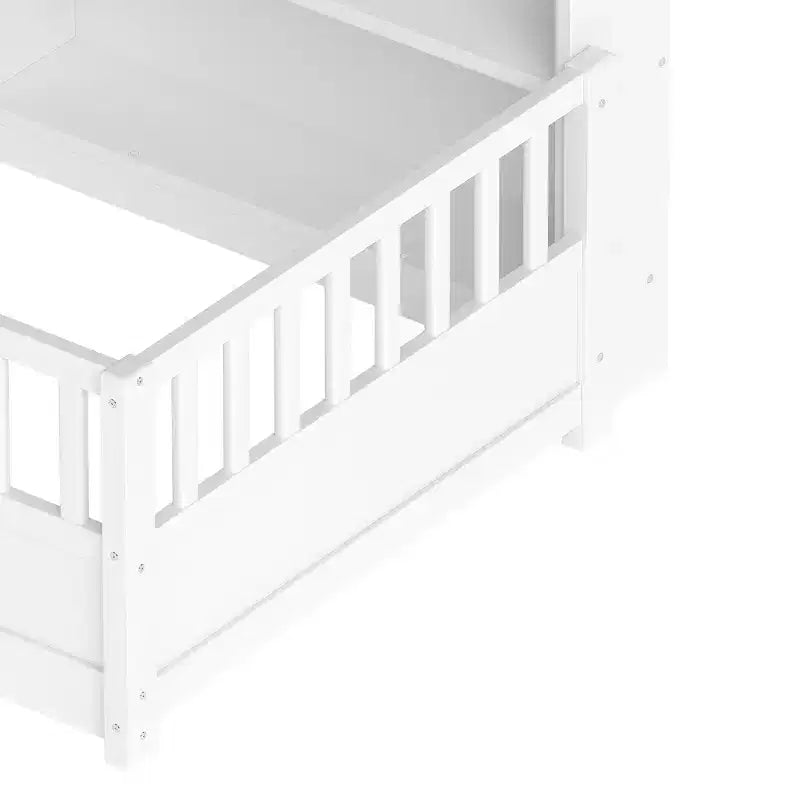Cama de suelo Montessori de madera con barandillas estilo valla de 21.4'' y 5 estantes de almacenamiento, estructura de cama para niños para dormitorio