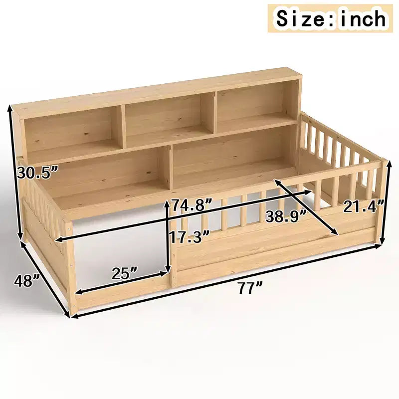 Cama de suelo Montessori de madera con barandillas estilo valla de 21.4'' y 5 estantes de almacenamiento, estructura de cama para niños para dormitorio