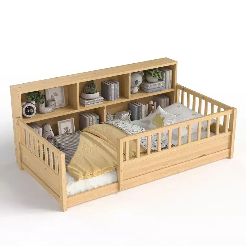 Cama de suelo Montessori de madera con barandillas estilo valla de 21.4'' y 5 estantes de almacenamiento, estructura de cama para niños para dormitorio