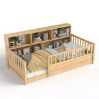 Cama de suelo Montessori de madera con barandillas estilo valla de 21.4'' y 5 estantes de almacenamiento, estructura de cama para niños para dormitorio