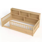 Cama de suelo Montessori de madera con barandillas estilo valla de 21.4'' y 5 estantes de almacenamiento, estructura de cama para niños para dormitorio