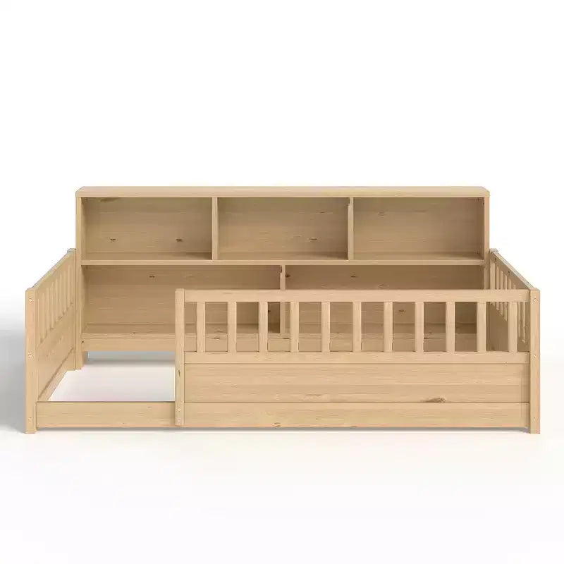 Cama de suelo Montessori de madera con barandillas estilo valla de 21.4'' y 5 estantes de almacenamiento, estructura de cama para niños para dormitorio