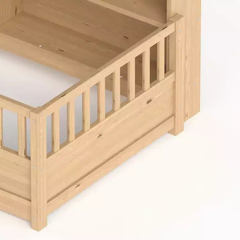 Cama de suelo Montessori de madera con barandillas estilo valla de 21.4'' y 5 estantes de almacenamiento, estructura de cama para niños para dormitorio