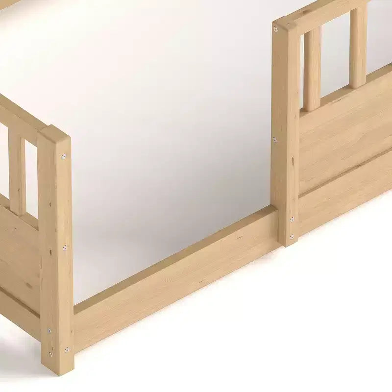 Cama de suelo Montessori de madera con barandillas estilo valla de 21.4'' y 5 estantes de almacenamiento, estructura de cama para niños para dormitorio