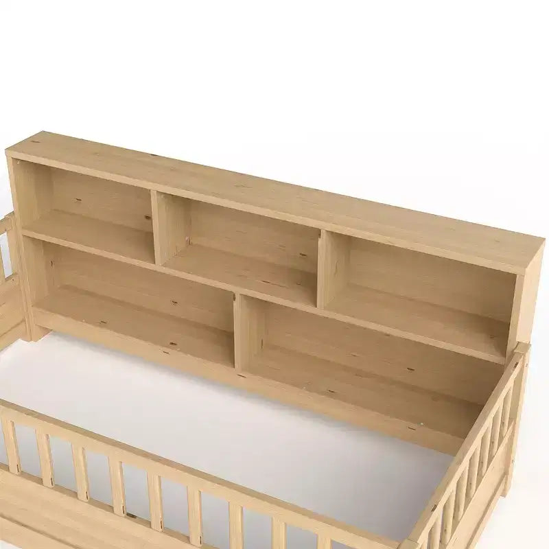Cama de suelo Montessori de madera con barandillas estilo valla de 21.4'' y 5 estantes de almacenamiento, estructura de cama para niños para dormitorio