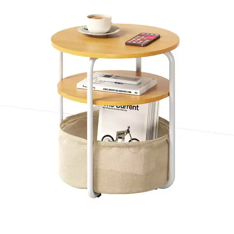 Mesa Auxiliar Redonda Pequeña con Bolsa de Almacenamiento, Mesa Auxiliar Redonda de 3 Niveles, Mesa de Esquina Vintage para Sofá, para Sala de Estar