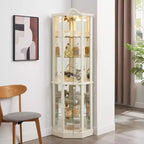 Corner Glass Display Cabinet with Light, Carved Decoration, and Adjustable Shelves for Bar or Wine