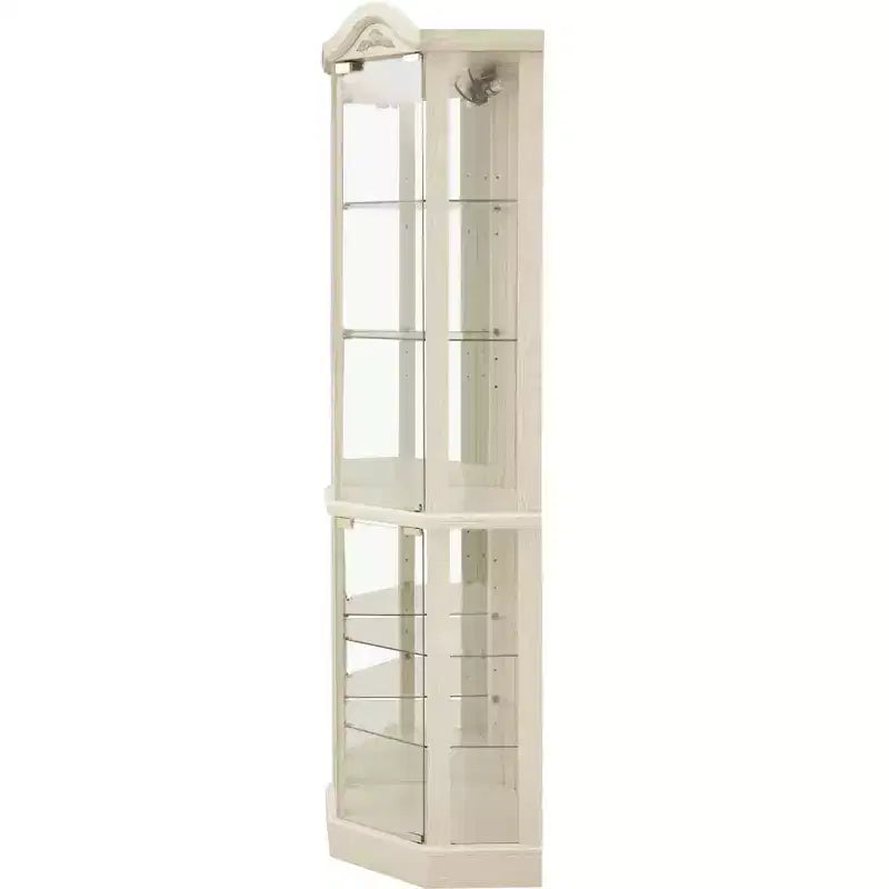 Vitrina de esquina de cristal con luz, decoración tallada y estantes ajustables para bar o vino
