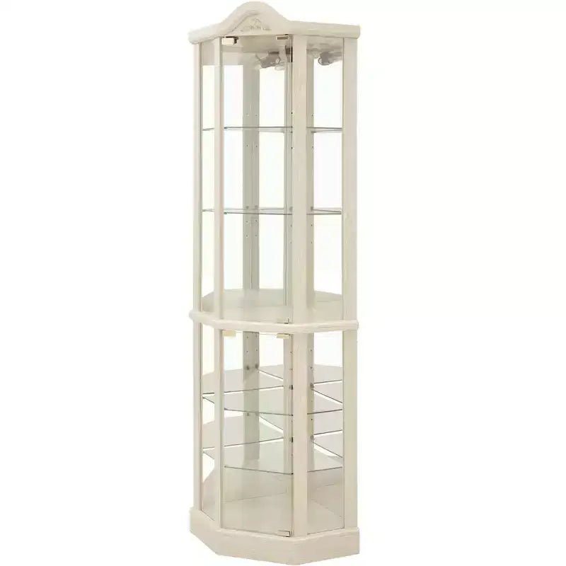 Vitrina de esquina de cristal con luz, decoración tallada y estantes ajustables para bar o vino