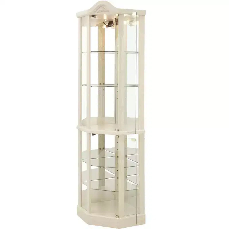 Vitrina de esquina de cristal con luz, decoración tallada y estantes ajustables para bar o vino