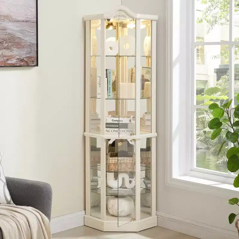 Vitrina de esquina de cristal con luz, decoración tallada y estantes ajustables para bar o vino