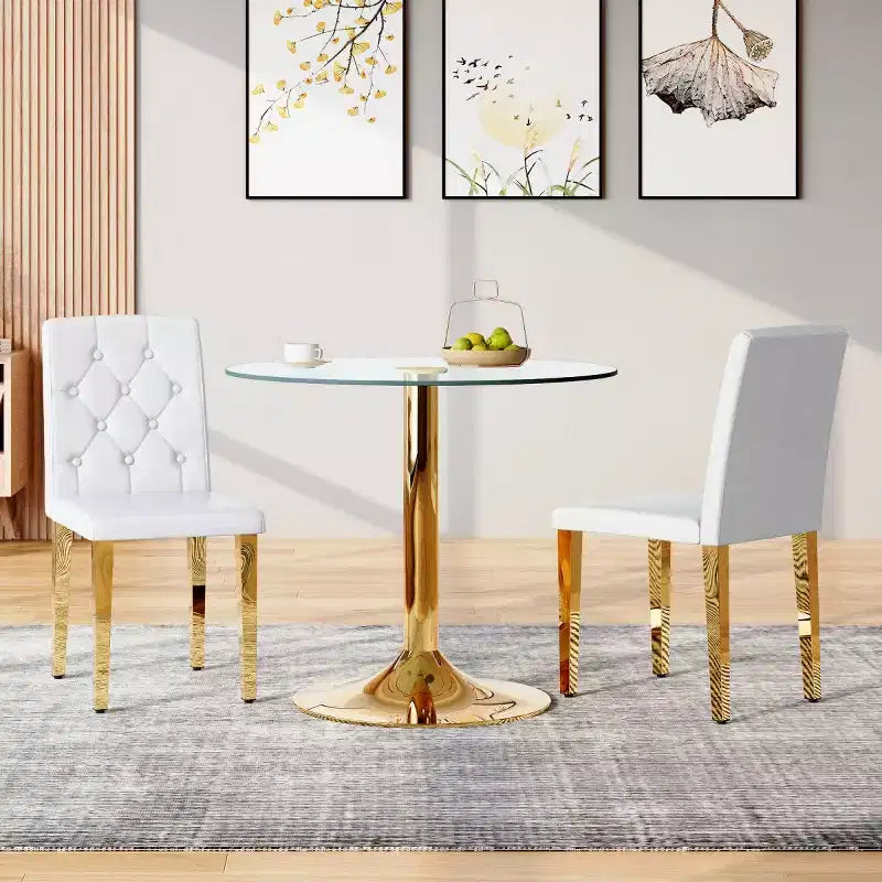 Juego de 2 sillas de comedor modernas tapizadas en PU con patas de metal dorado, lujosas sillas sin reposabrazos para cocina o comedor