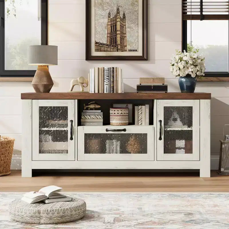 Mueble de TV estilo rústico para televisores de 55 pulgadas, centro de entretenimiento con puerta acrílica y estantes ajustables, aparador con almacenamiento para sala de estar