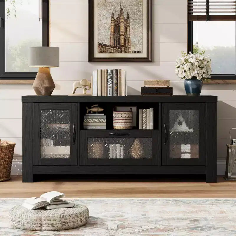 Mueble de TV estilo rústico para televisores de 55 pulgadas, centro de entretenimiento con puerta acrílica y estantes ajustables, aparador con almacenamiento para sala de estar