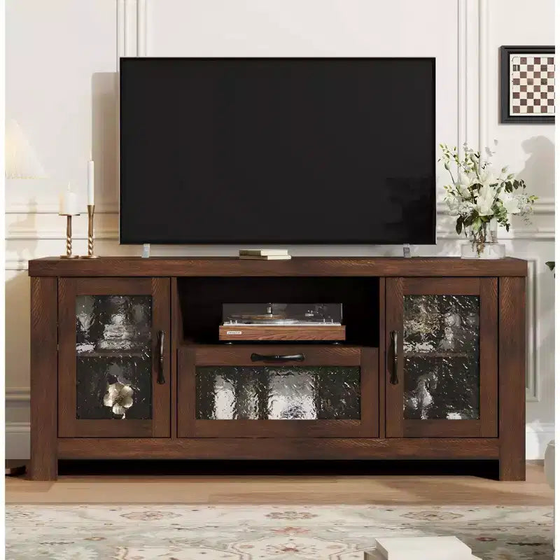 Mueble de TV estilo rústico para televisores de 55 pulgadas, centro de entretenimiento con puerta acrílica y estantes ajustables, aparador con almacenamiento para sala de estar
