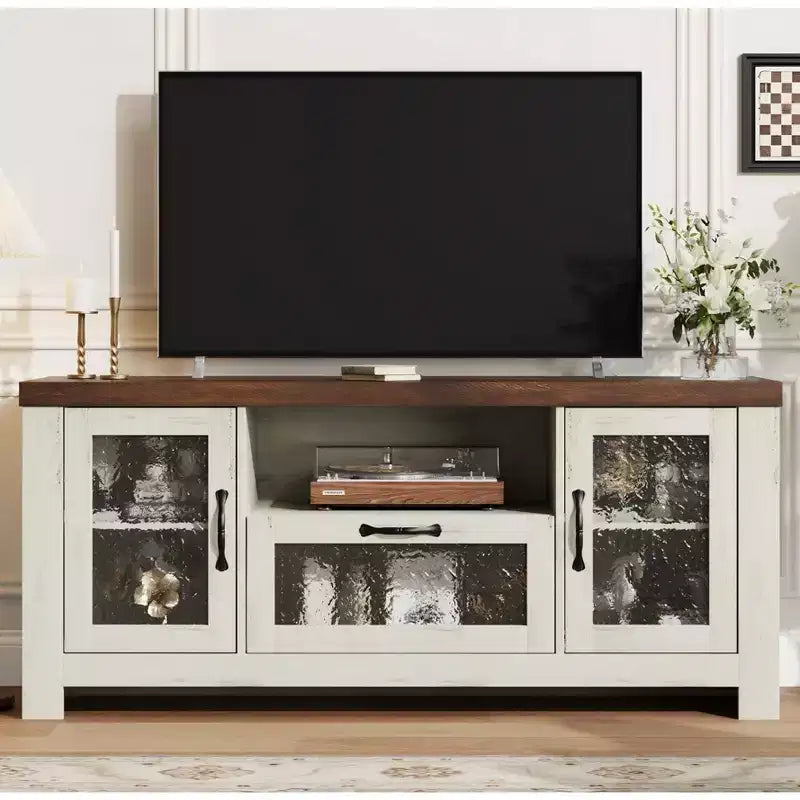 Mueble de TV estilo rústico para televisores de 55 pulgadas, centro de entretenimiento con puerta acrílica y estantes ajustables, aparador con almacenamiento para sala de estar