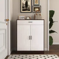 JVNOXK Freestanding wooden four-tier shoe rack with one drawer, featuring white cabinet doors and adjustable shelves. Ideal for entryways. Walnut