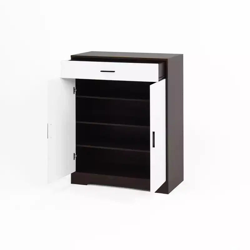 Zapatero de Madera Independiente de Cuatro Niveles con un Cajón, Puertas de Armario Blancas y Estantes Ajustables, Ideal para Entradas, Nogal