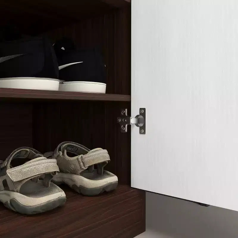 Zapatero de Madera Independiente de Cuatro Niveles con un Cajón, Puertas de Armario Blancas y Estantes Ajustables, Ideal para Entradas, Nogal
