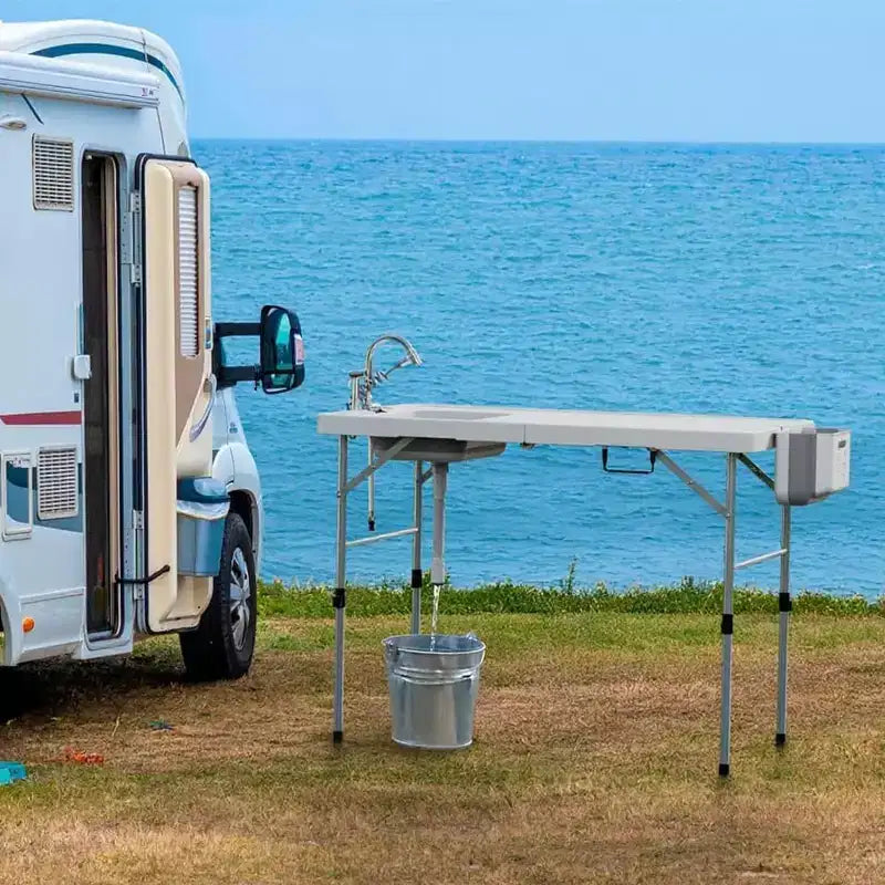 Mesa plegable para limpieza de pescado con fregadero y conexión para manguera, mesa portátil de 50 para camping al aire libre para pesca, caza, vehículos recreativos, patio trasero