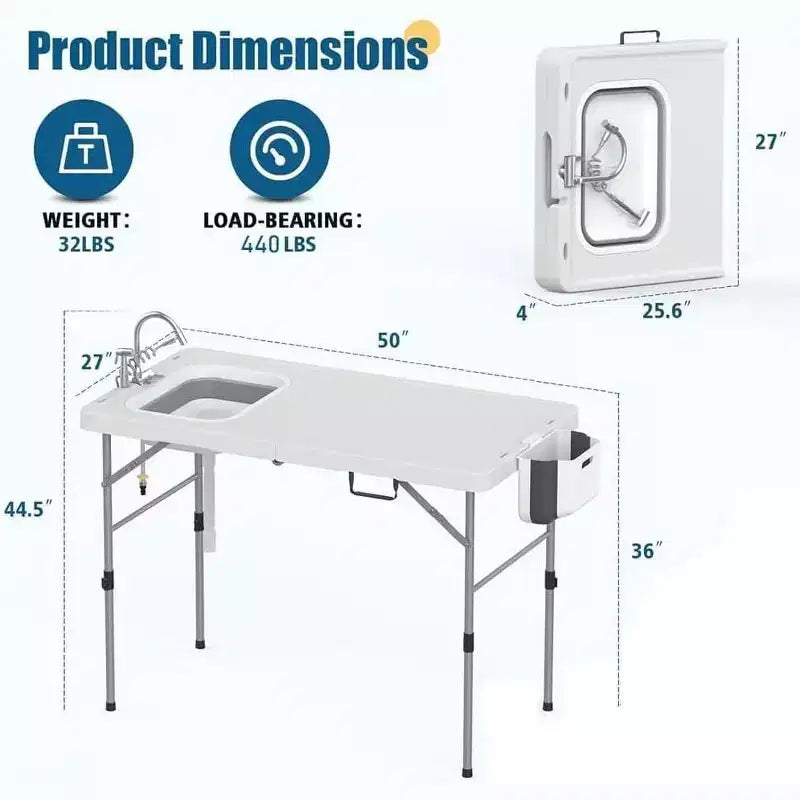 Mesa plegable para limpieza de pescado con fregadero y conexión para manguera, mesa portátil de 50 para camping al aire libre para pesca, caza, vehículos recreativos, patio trasero
