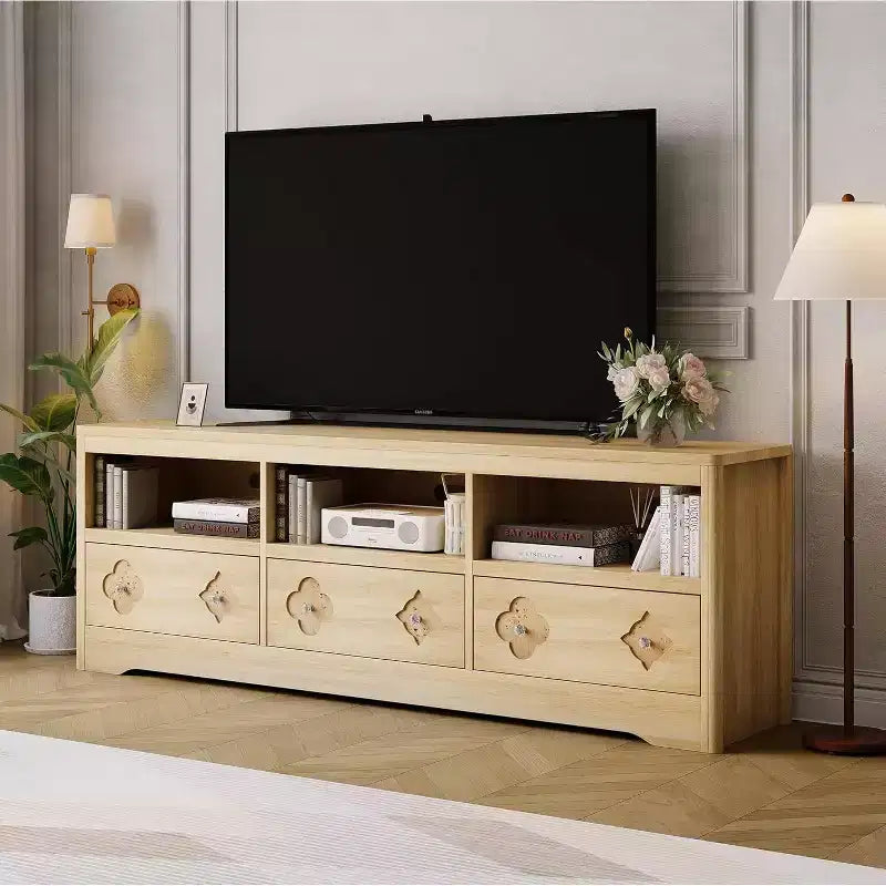 Mueble de TV Moderno de Mediados de Siglo de 70" para TV de 85" - Cajón Tallado con Tiradores de Cristal, Gestión de Cables, Capacidad de 220 libras, Centro de Medios de Madera MDF