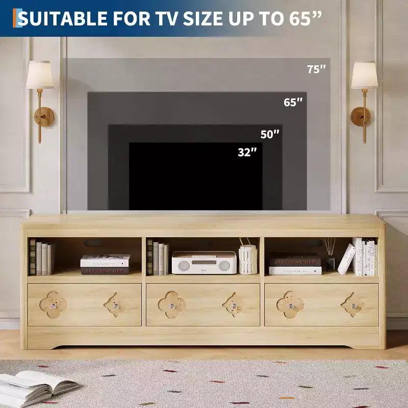 Mueble de TV Moderno de Mediados de Siglo de 70" para TV de 85" - Cajón Tallado con Tiradores de Cristal, Gestión de Cables, Capacidad de 220 libras, Centro de Medios de Madera MDF