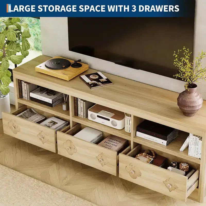 Mueble de TV Moderno de Mediados de Siglo de 70" para TV de 85" - Cajón Tallado con Tiradores de Cristal, Gestión de Cables, Capacidad de 220 libras, Centro de Medios de Madera MDF