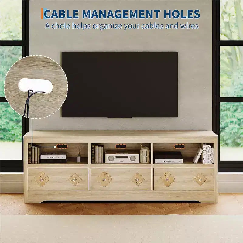 Mueble de TV Moderno de Mediados de Siglo de 70" para TV de 85" - Cajón Tallado con Tiradores de Cristal, Gestión de Cables, Capacidad de 220 libras, Centro de Medios de Madera MDF
