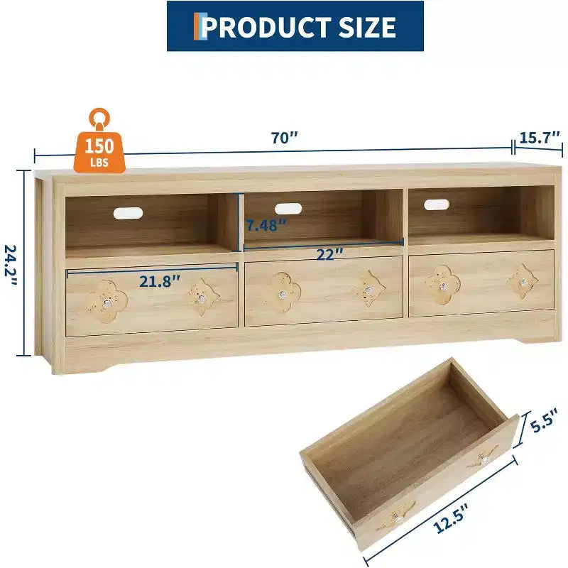 Mueble de TV Moderno de Mediados de Siglo de 70" para TV de 85" - Cajón Tallado con Tiradores de Cristal, Gestión de Cables, Capacidad de 220 libras, Centro de Medios de Madera MDF